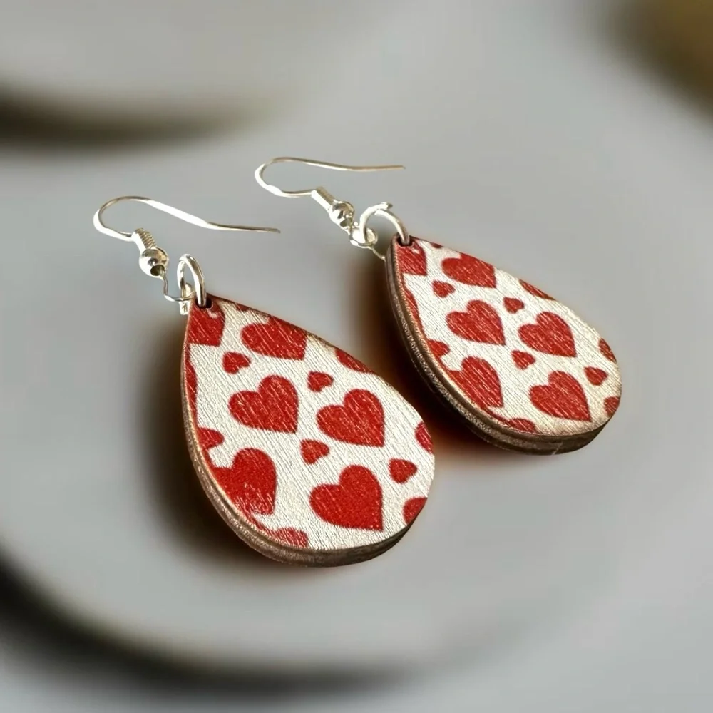 ⭐️ 5 for $25 Wooden Heart Design Teardrop Red & White Earrings Silver Tone Hoops - Picture 2 of 4